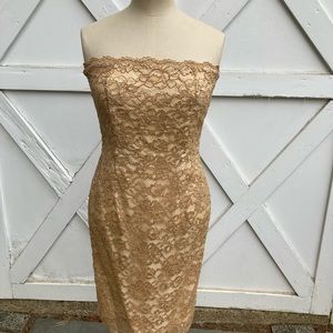 Strapless satin evening dress with lace overlay